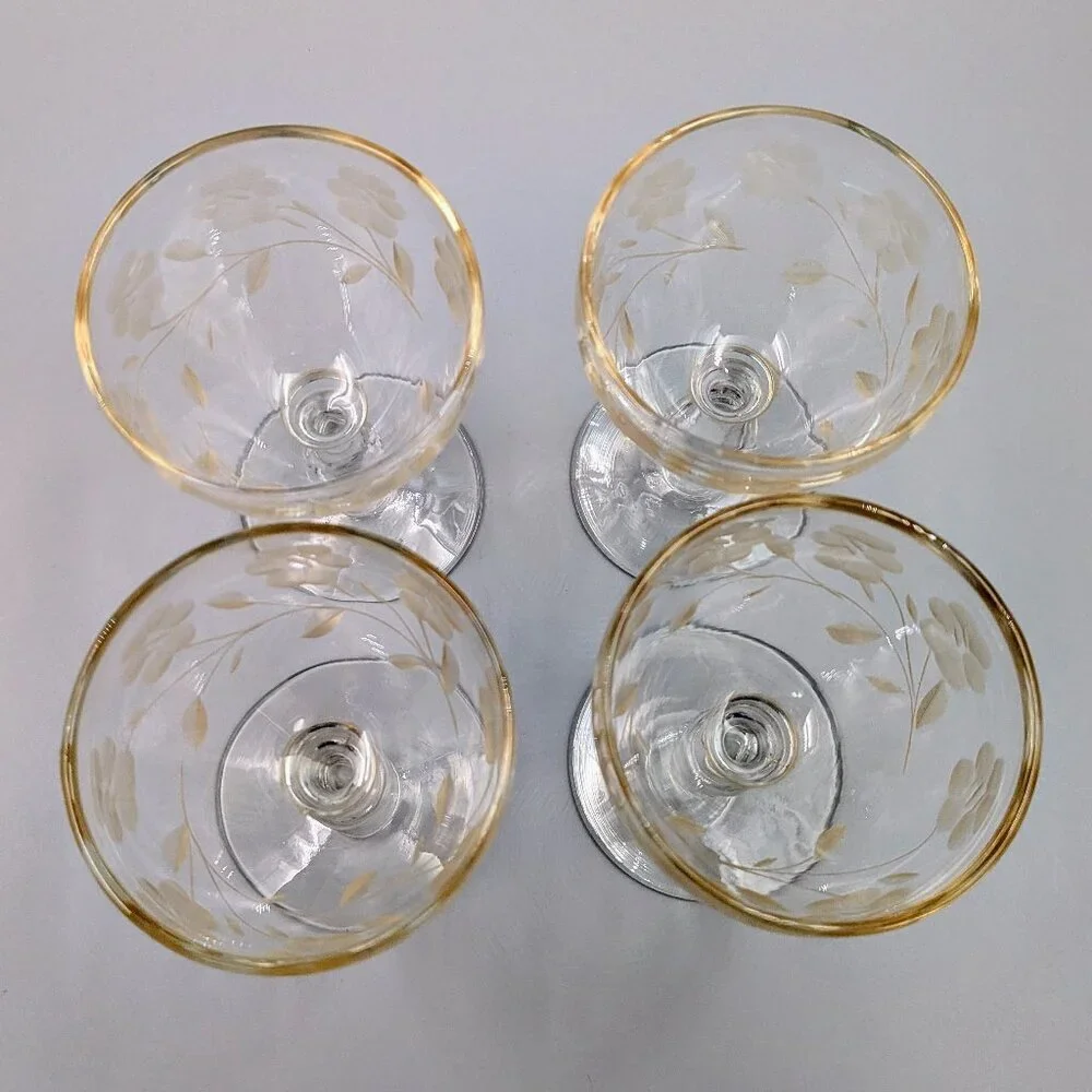 Vintage Etched Glass Wine/Sherry Glasses - Set of 4 | Elegant Era Stemware